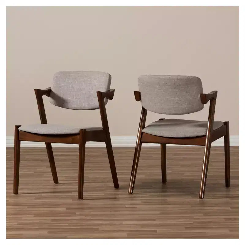 Set of 2 Elegant Mid - Century Wood and Fabric Upholstered Dining Armchairs - Light Gray, Walnut Dark Brown - Baxton Studio
