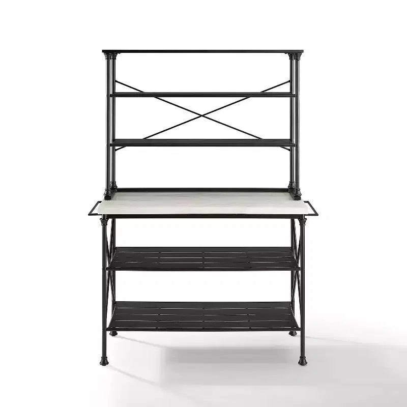 Madeleine Kitchen Island and Hutch Matte Black - Crosley: Veneer Surface, Metal Frame, 6 Open Shelves