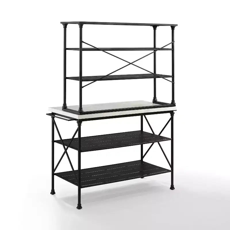 Madeleine Kitchen Island and Hutch Matte Black - Crosley: Veneer Surface, Metal Frame, 6 Open Shelves