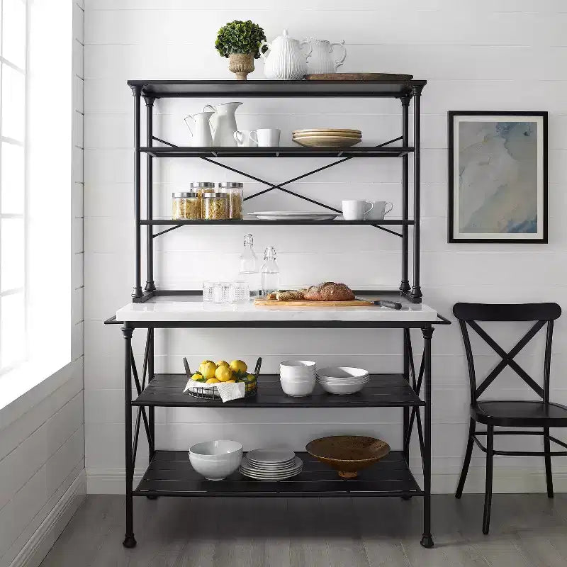 Madeleine Kitchen Island and Hutch Matte Black - Crosley: Veneer Surface, Metal Frame, 6 Open Shelves