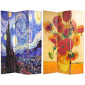 71" Van Gogh Canvas Room Divider: Starry Night & Sunflowers, Folding Partition - Oriental Furniture