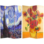 71" Van Gogh Canvas Room Divider: Starry Night & Sunflowers, Folding Partition - Oriental Furniture