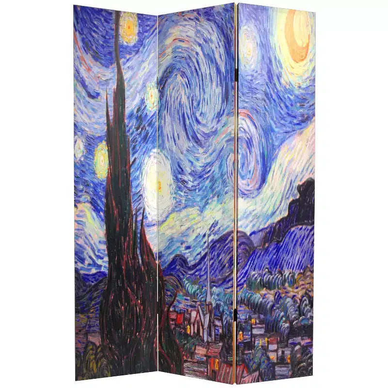 71" Van Gogh Canvas Room Divider: Starry Night & Sunflowers, Folding Partition - Oriental Furniture