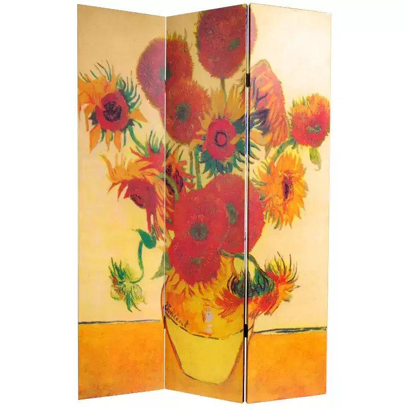 71" Van Gogh Canvas Room Divider: Starry Night & Sunflowers, Folding Partition - Oriental Furniture