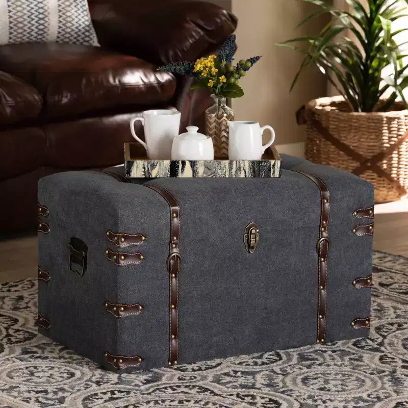 Palma Modern Transitional Fabric Upholstered Storage Trunk Ottoman Gray - Baxton Studio: Lift-Top, Metal Frame, Vintage Style