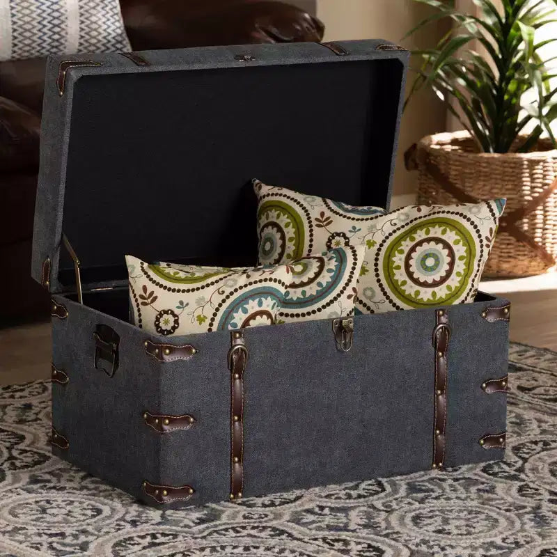 Palma Pouf de rangement rembourré en tissu de style moderne et transitionnel gris - Baxton Studio : Plateau relevable, cadre en métal, style vintage