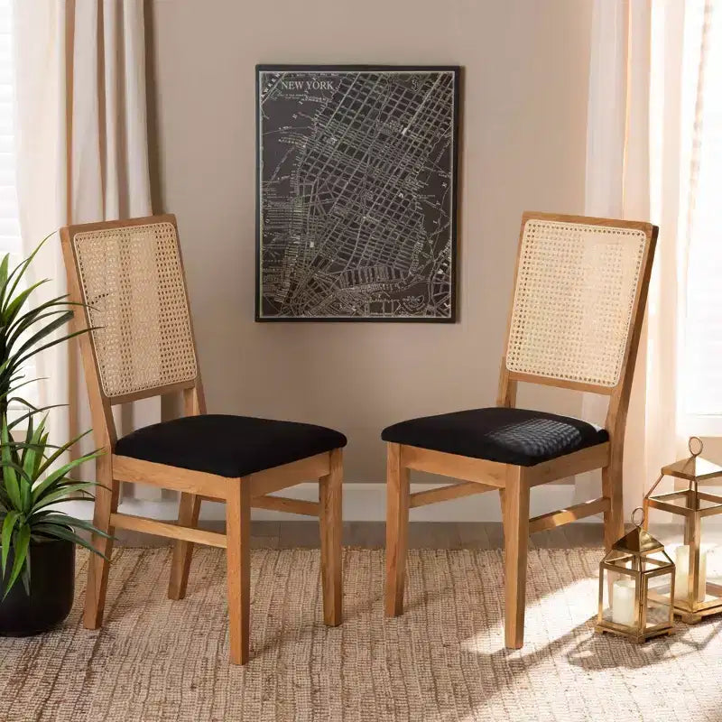 Set of 2 Idris Fabric Upholstered Rattan Dining Chairs Black/Oak Brown - Baxton Studio: Mid-Century Design, Comfort Seating