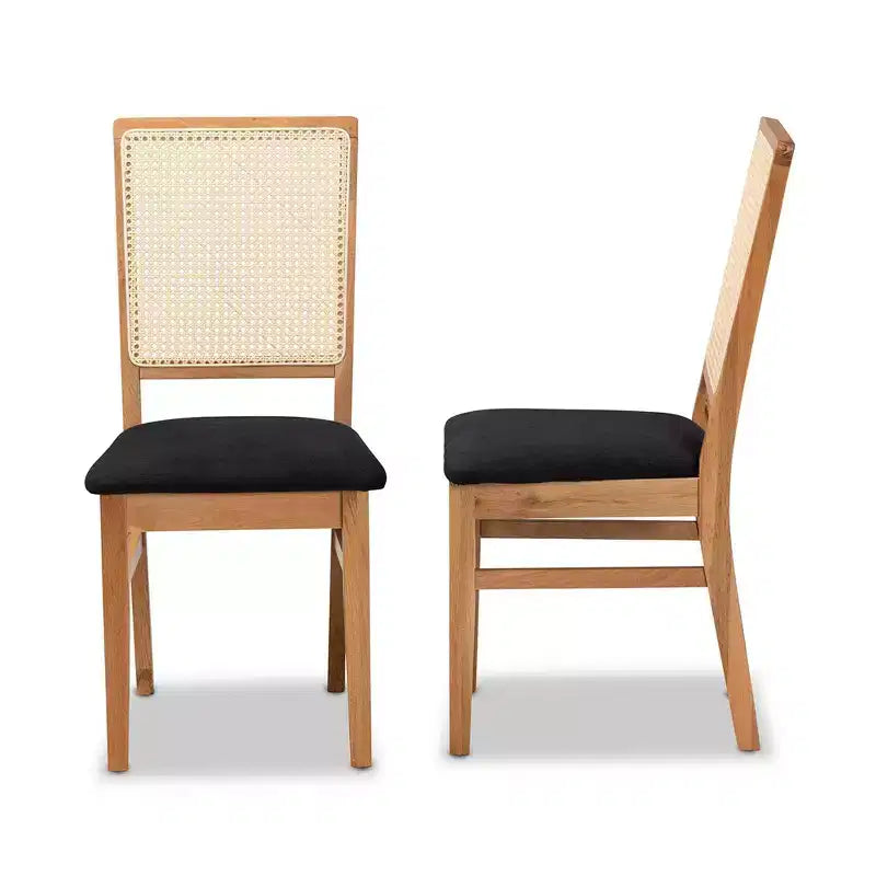 Set of 2 Idris Fabric Upholstered Rattan Dining Chairs Black/Oak Brown - Baxton Studio: Mid-Century Design, Comfort Seating
