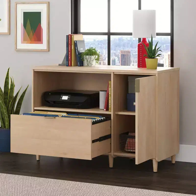 Dessertes de bureau Clifford Place en érable naturel – Sauder : Meuble média avec tablette réglable et rangement pour dossiers