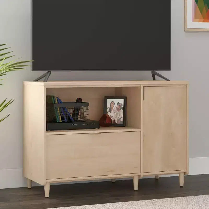 Dessertes de bureau Clifford Place en érable naturel – Sauder : Meuble média avec tablette réglable et rangement pour dossiers