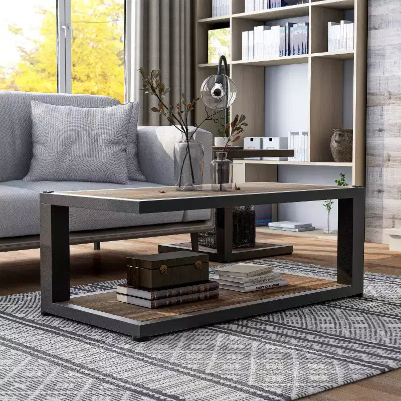 2pc Felcor Industrial Coffee and End Table Set Dark Walnut/Black - miBasics