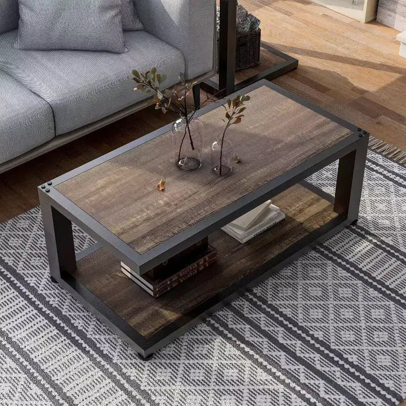 2pc Felcor Industrial Coffee and End Table Set Dark Walnut/Black - miBasics