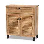 Coolidge Wood 1 Drawer Storage Cabinet Oak Brown - Baxton Studio: Slatted Doors, 12 Pair Capacity, Tapered Legs