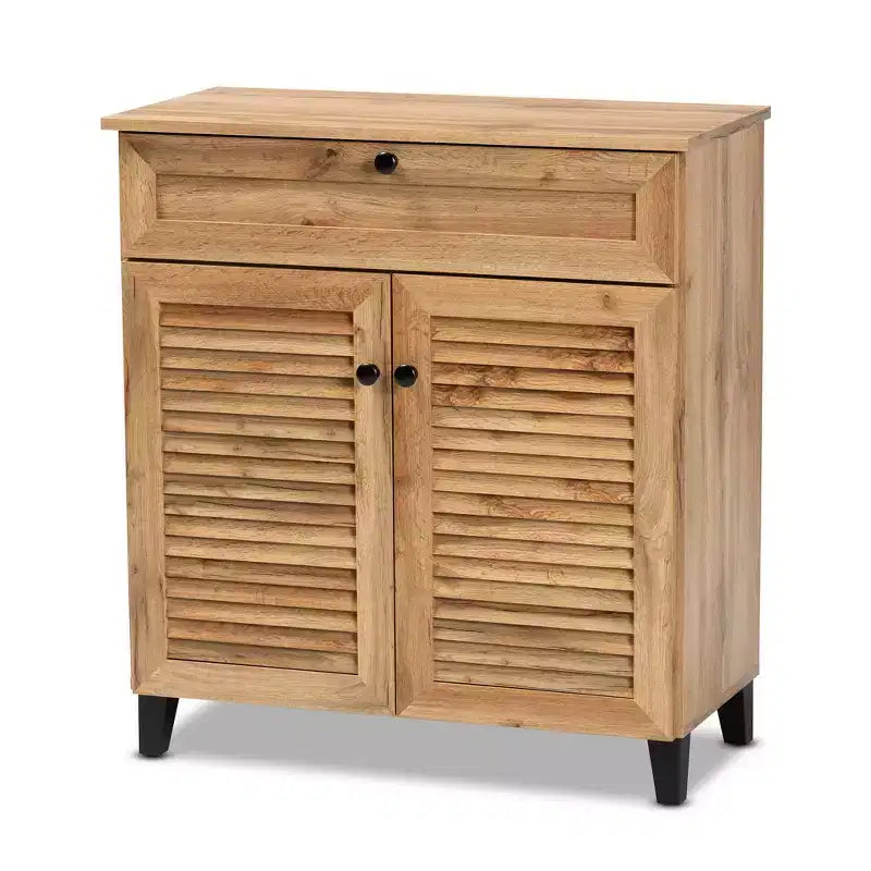 Coolidge Wood 1 Drawer Storage Cabinet Oak Brown - Baxton Studio: Slatted Doors, 12 Pair Capacity, Tapered Legs