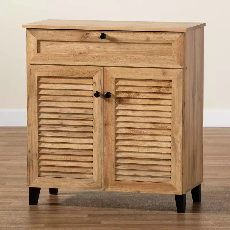 Coolidge Wood 1 Drawer Storage Cabinet Oak Brown - Baxton Studio: Slatted Doors, 12 Pair Capacity, Tapered Legs