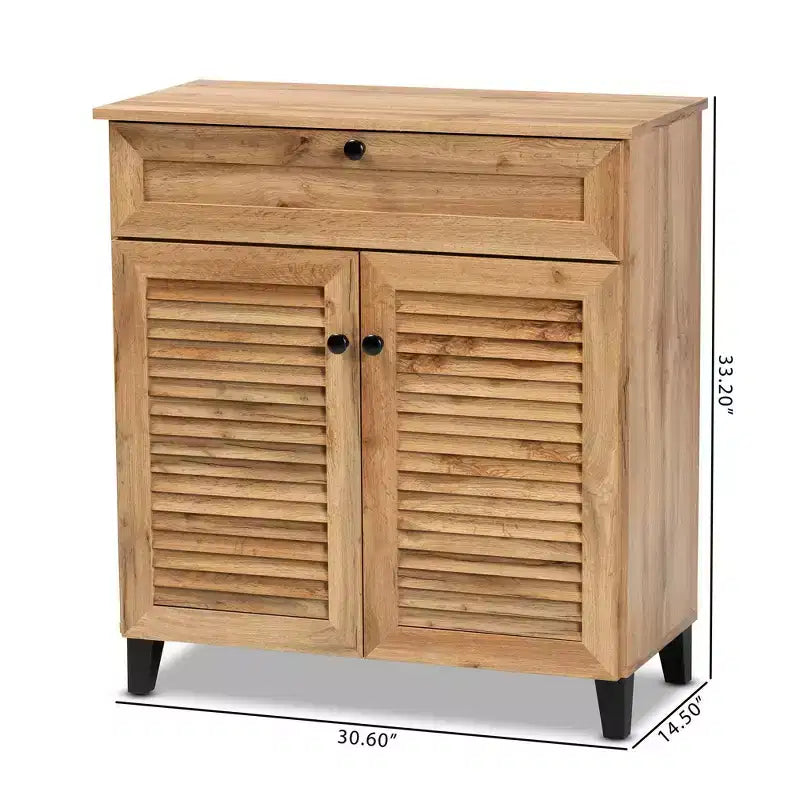 Coolidge Wood 1 Drawer Storage Cabinet Oak Brown - Baxton Studio: Slatted Doors, 12 Pair Capacity, Tapered Legs