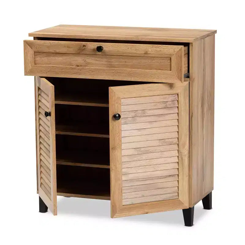 Coolidge Wood 1 Drawer Storage Cabinet Oak Brown - Baxton Studio: Slatted Doors, 12 Pair Capacity, Tapered Legs