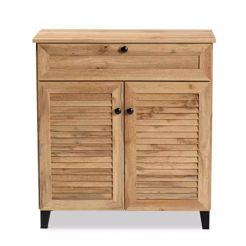 Coolidge Wood 1 Drawer Storage Cabinet Oak Brown - Baxton Studio: Slatted Doors, 12 Pair Capacity, Tapered Legs