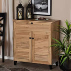Coolidge Wood 1 Drawer Storage Cabinet Oak Brown - Baxton Studio: Slatted Doors, 12 Pair Capacity, Tapered Legs