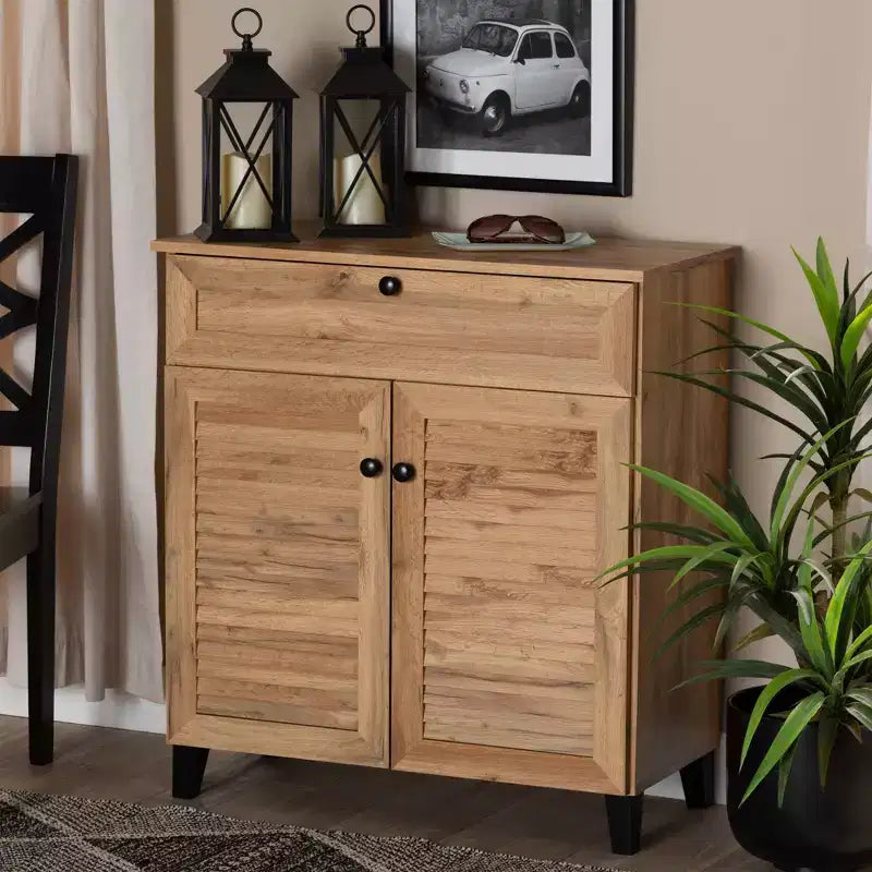 Coolidge Wood 1 Drawer Storage Cabinet Oak Brown - Baxton Studio: Slatted Doors, 12 Pair Capacity, Tapered Legs