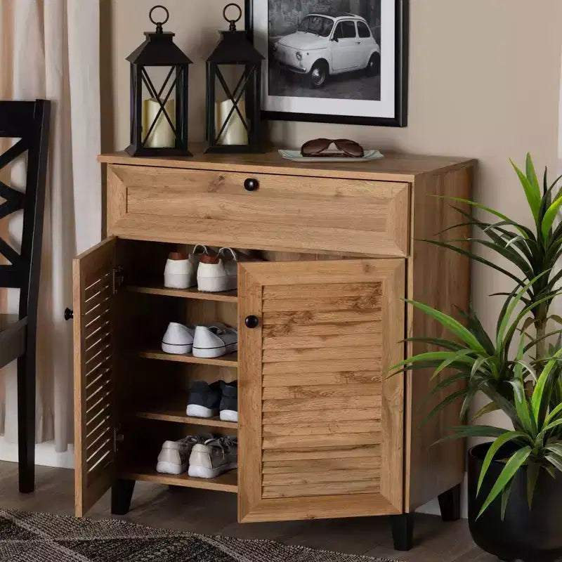 Coolidge Wood 1 Drawer Storage Cabinet Oak Brown - Baxton Studio: Slatted Doors, 12 Pair Capacity, Tapered Legs