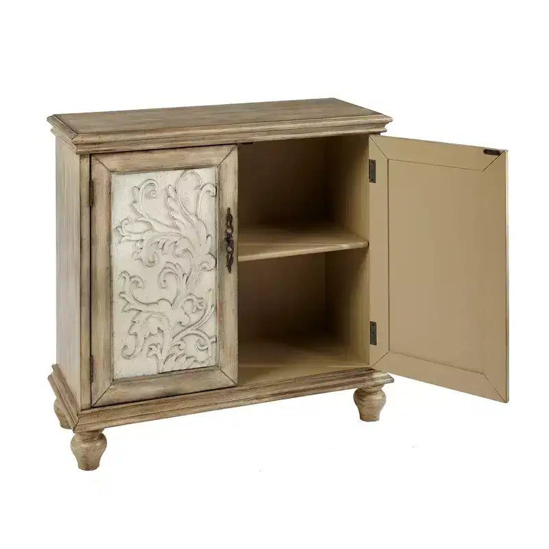 Grayson Armoire 2 Portes en Bois Recyclé Naturel : Motifs Floraux, Étagère Réglable, Rangement Décoratif Crème et Marron