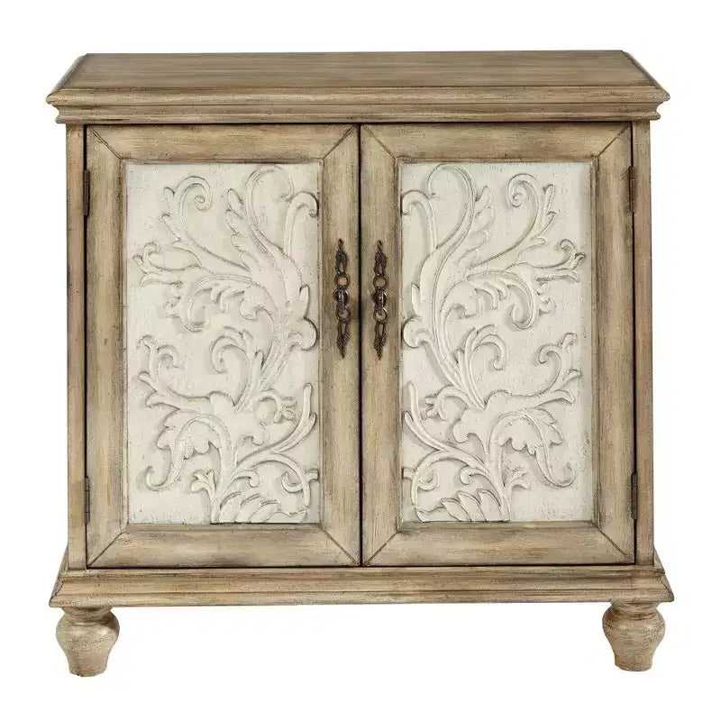 Grayson Armoire 2 Portes en Bois Recyclé Naturel : Motifs Floraux, Étagère Réglable, Rangement Décoratif Crème et Marron