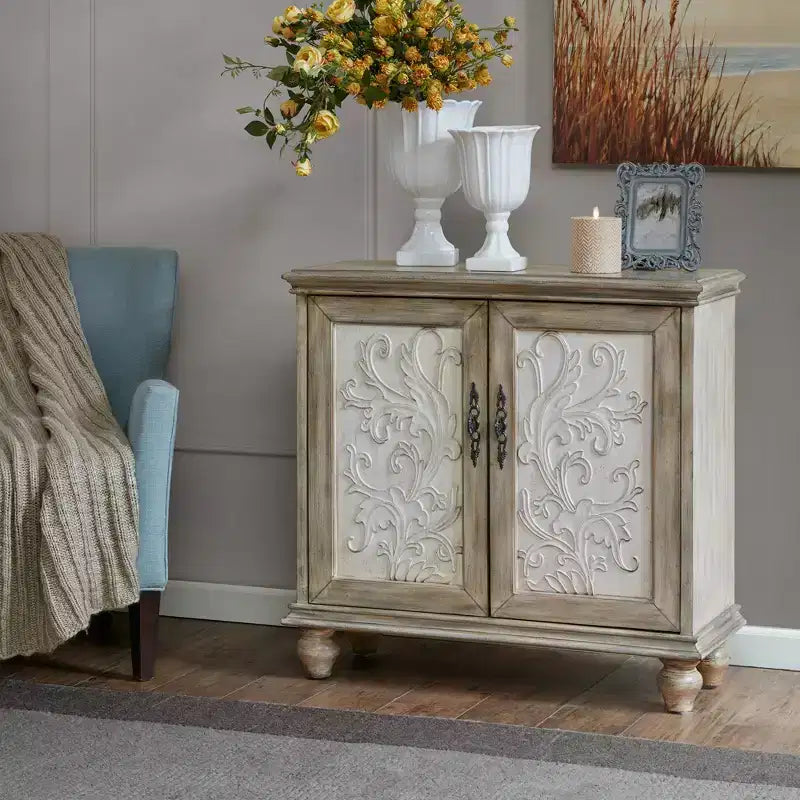 Grayson Armoire 2 Portes en Bois Recyclé Naturel : Motifs Floraux, Étagère Réglable, Rangement Décoratif Crème et Marron