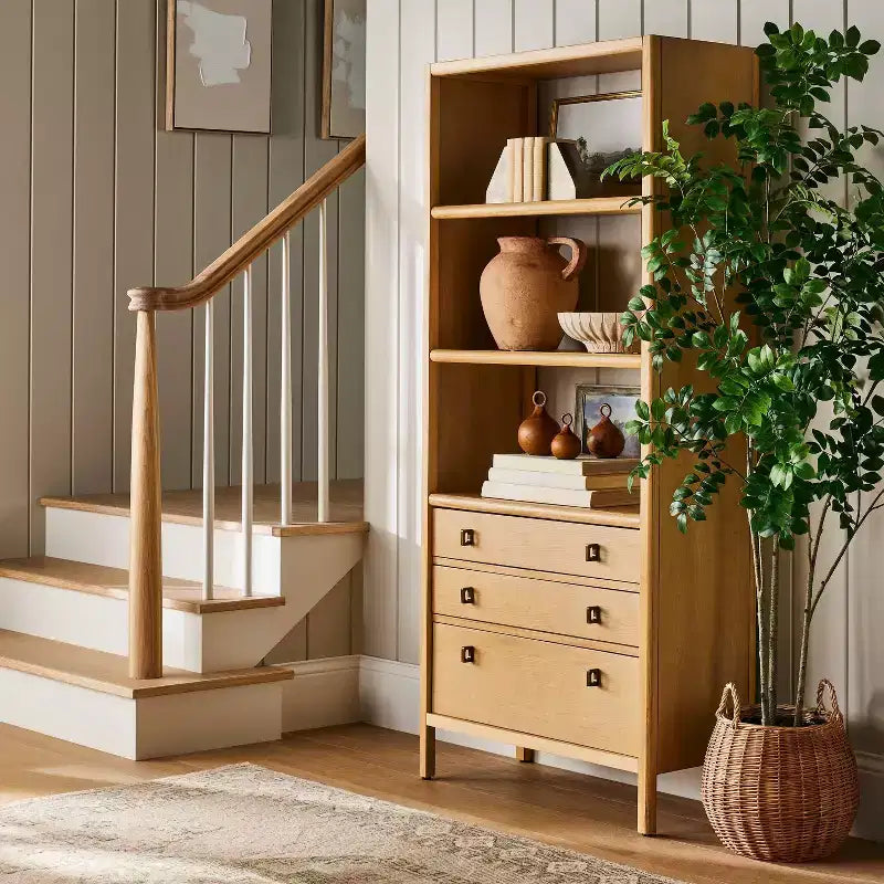 Bibliothèque Sandpoint avec tiroirs - Threshold™ conçue avec Studio McGee : Armoire haute en placage de bois, 3 étagères