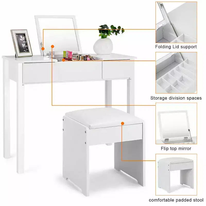 Costway White Vanity Dressing Table Furniture Stool Storage Box
