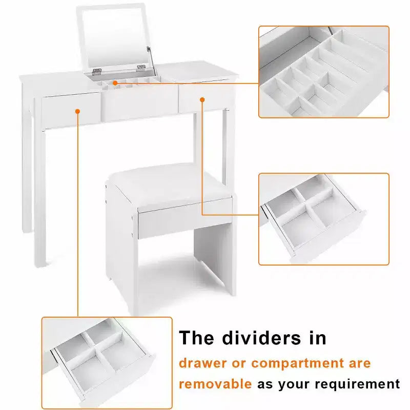 Costway White Vanity Dressing Table Furniture Stool Storage Box