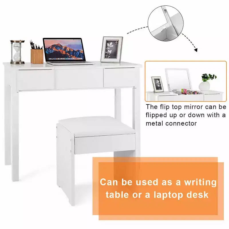 Costway White Vanity Dressing Table Furniture Stool Storage Box