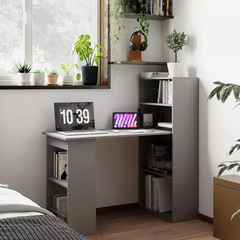 HOMCOM Modern Compact Computer Desk with 6-Tier Storage Shelves, Writing Table Workstation with Bookshelf for Home Office