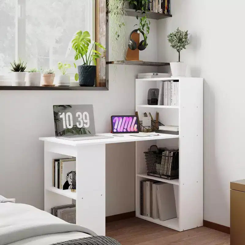 HOMCOM Modern Compact Computer Desk with 6-Tier Storage Shelves, Writing Table Workstation with Bookshelf for Home Office