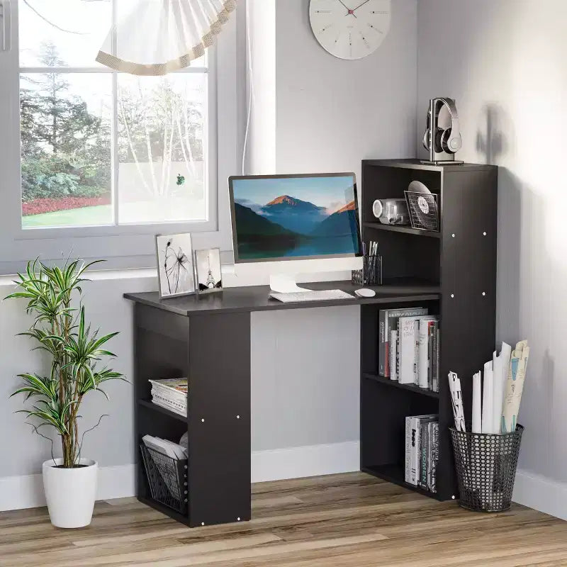 HOMCOM Modern Compact Computer Desk with 6-Tier Storage Shelves, Writing Table Workstation with Bookshelf for Home Office