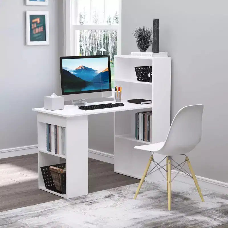 HOMCOM Modern Compact Computer Desk with 6-Tier Storage Shelves, Writing Table Workstation with Bookshelf for Home Office