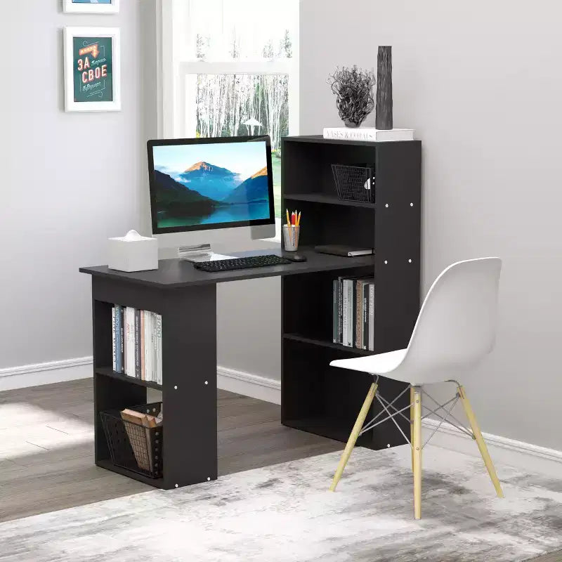 HOMCOM Modern Compact Computer Desk with 6-Tier Storage Shelves, Writing Table Workstation with Bookshelf for Home Office