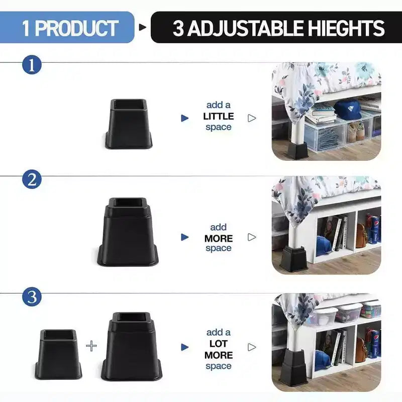 Adjustable Bed Risers - Heavy Duty Furniture Riser Set of 4 in Heights of 8, 5, or 3 Inches for Table risers, Bed Frame Risers in Black  Homeitusa