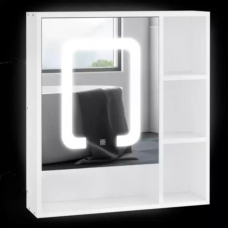 kleankin LED Light Medicine Cabinet with Mirror Door, Wall-Mounted Bathroom Vanity Organizer with Dimmer Touch Switch, and USB Charge, White
