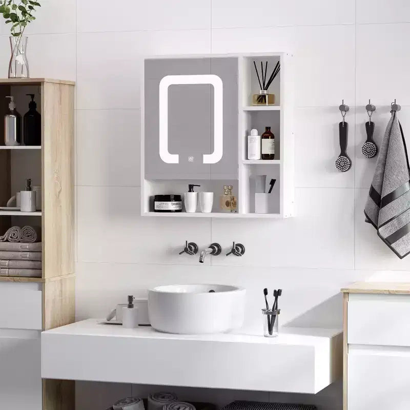 Armoire de toilette kleankin avec éclairage LED et miroir, meuble de rangement mural pour salle de bain avec interrupteur tactile variateur et chargement USB, blanc