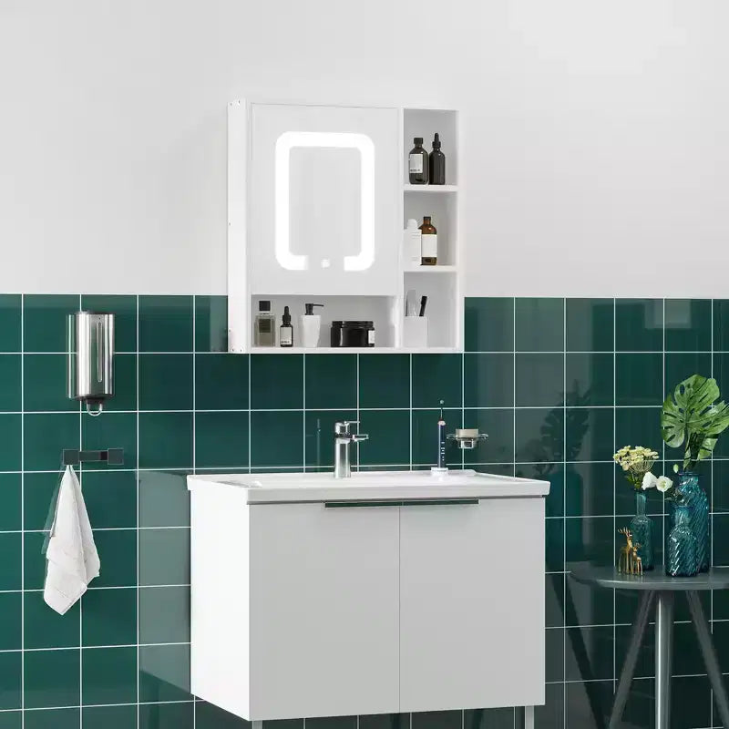 Armoire de toilette kleankin avec éclairage LED et miroir, meuble de rangement mural pour salle de bain avec interrupteur tactile variateur et chargement USB, blanc