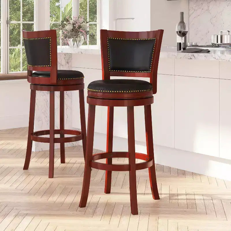 Merrick Lane Amara Series Wooden Stool with Open Panel Back with Faux Leather Accent and Seat