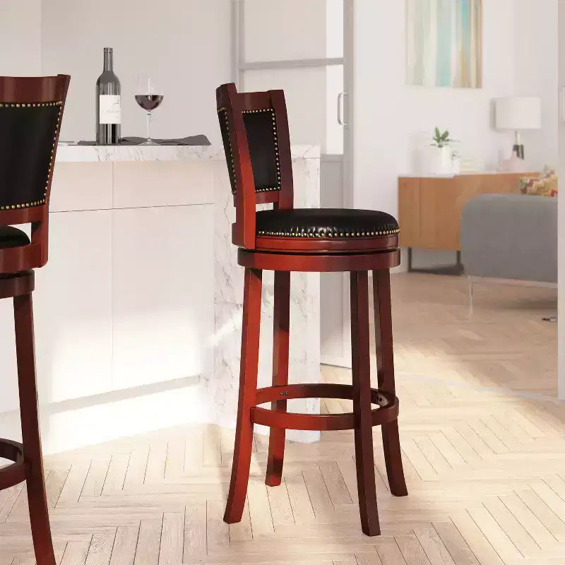Merrick Lane Amara Series Wooden Stool with Open Panel Back with Faux Leather Accent and Seat