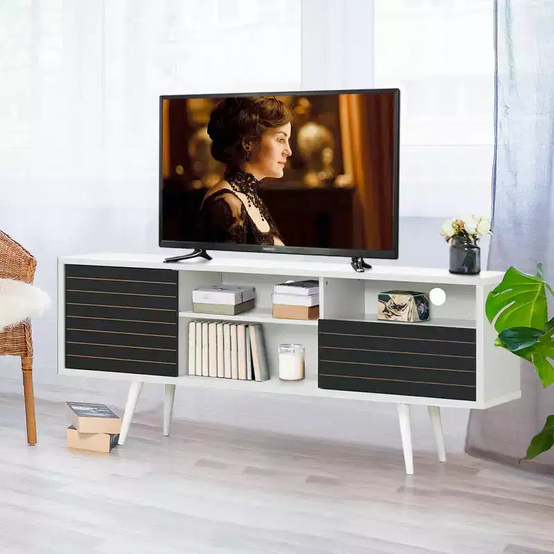 Meuble TV/Console moderne Costway, 3 étagères, tiroir de rangement, pieds évasés, noir/blanc