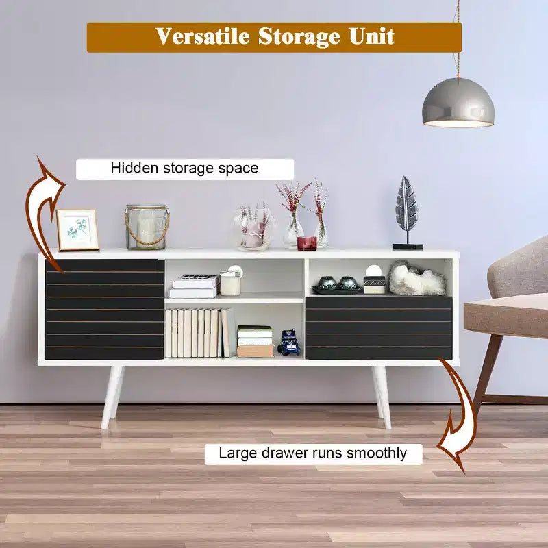 Meuble TV/Console moderne Costway, 3 étagères, tiroir de rangement, pieds évasés, noir/blanc