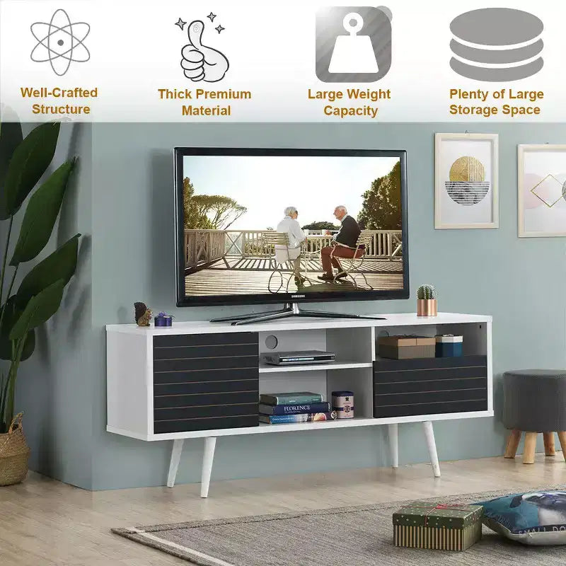 Meuble TV/Console moderne Costway, 3 étagères, tiroir de rangement, pieds évasés, noir/blanc