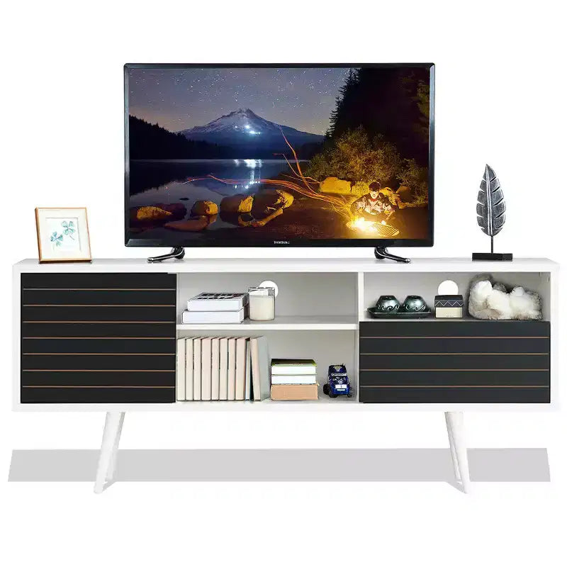 Meuble TV/Console moderne Costway, 3 étagères, tiroir de rangement, pieds évasés, noir/blanc