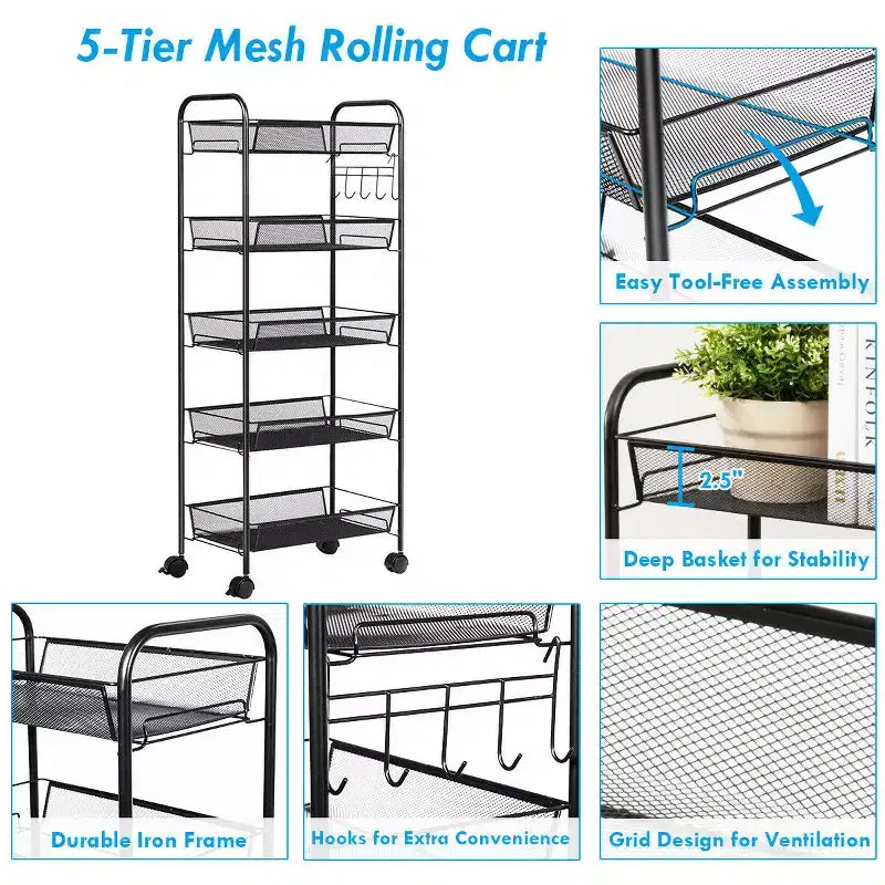 Costway 5 Tier Storage Rack Trolley Cart Home Kitchen Organizer Utility Baskets Black