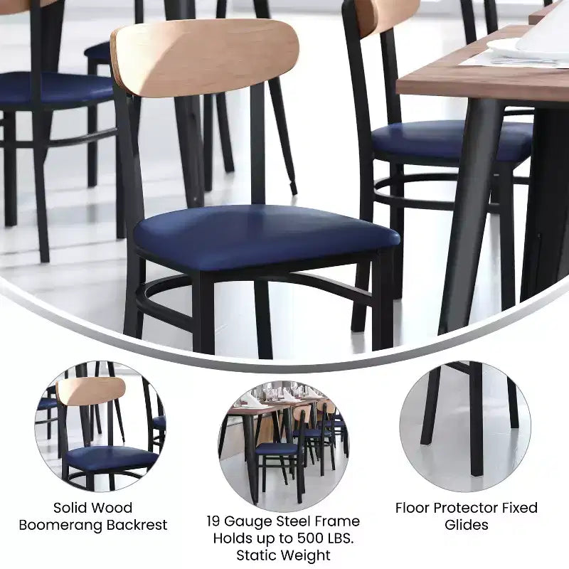 Chaise de salle à manger commerciale Flash Furniture Wright avec cadre en acier de 227 kg de capacité, assise en bois massif et dossier boomerang