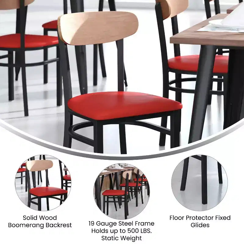 Chaise de salle à manger commerciale Flash Furniture Wright avec cadre en acier de 227 kg de capacité, assise en bois massif et dossier boomerang